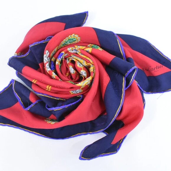 Cartier Jewelry Pattern 100% Silk Scarf Red Navy